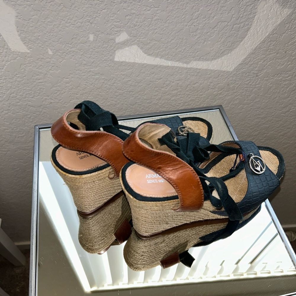 Armani Jeans Navy and Brown Espadrille Wedge Sandals - Picture 3 of 3